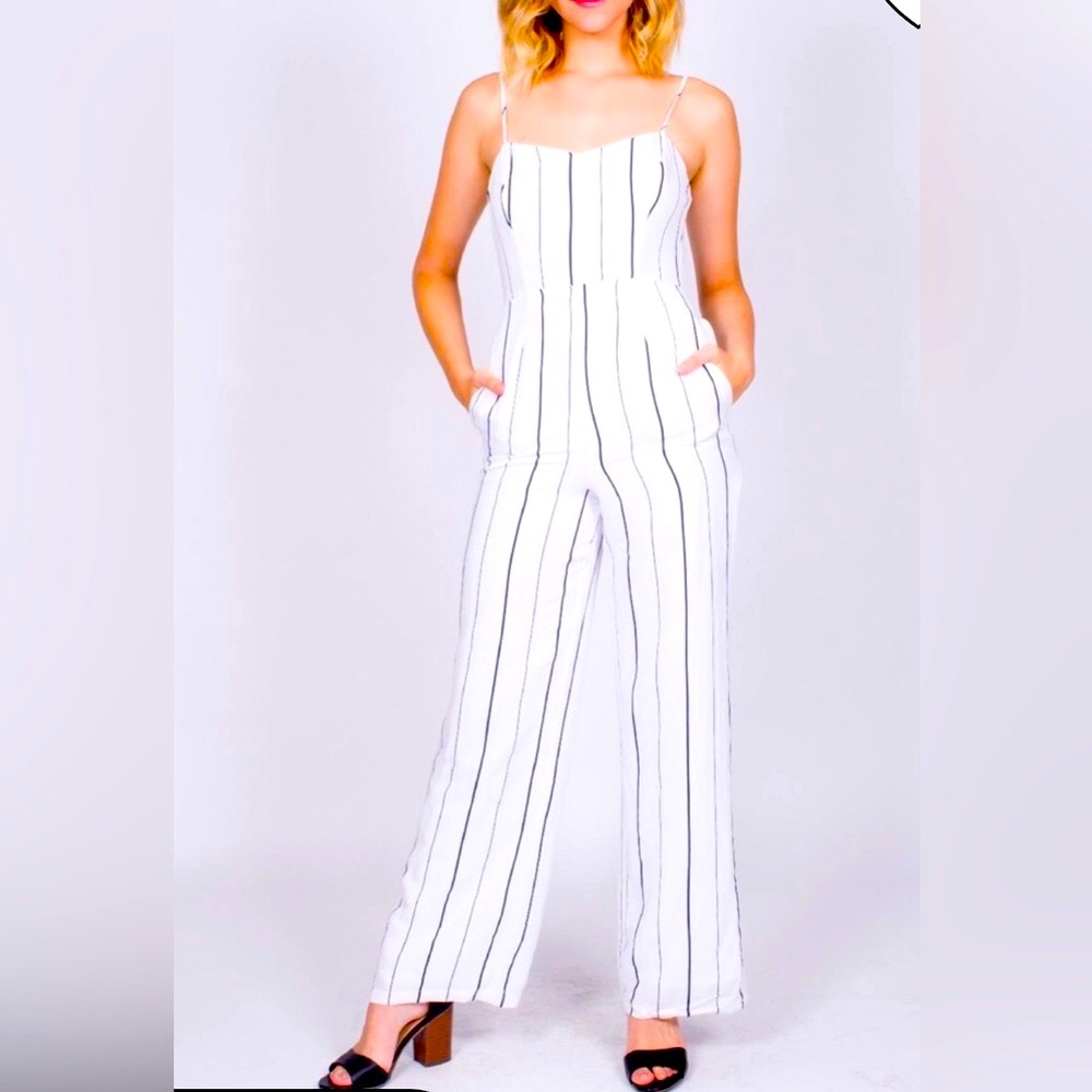 100% Cotton White & Black Striped Wide Leg Jumpsuit W/back Cutout